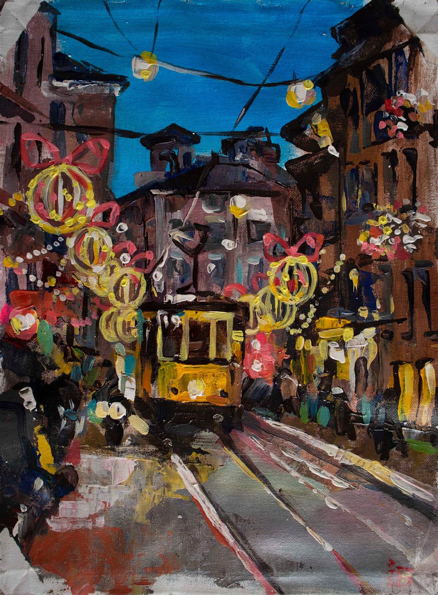 Impressionistic Cityscapes Acrylic Painting By Kateryna Bortsova, 11 X 15", Christmas In Milan, Original Artwork