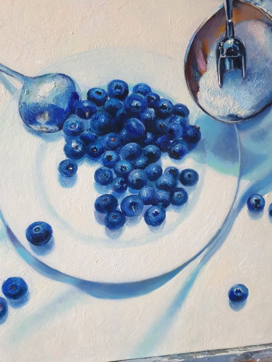 "Slightly sour.  "  still life summer blueberry blue berries  white liGHt original painting  GIFT (2021)