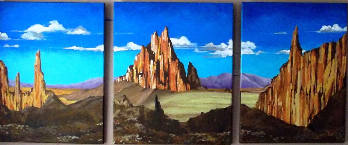Photorealistic Landscape Acrylic Painting By Andrew Sabori, 56 X 24, Mountains In New Mexico, Original Artwork