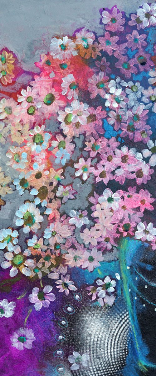 Welcoming Spring 20x20" Colorful, Cheerful Abstract Floral Daisies in a Vase by Kerri McCabe