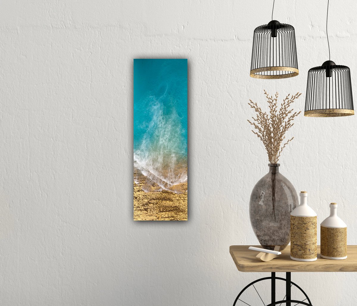 Photorealistic Landscape Acrylic Painting By Ana Hefco, 8 X 24, Teal Waves Tropical Beach Painting #53, Original Artwork