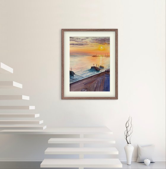 Serene Sunset over a Seaside Town