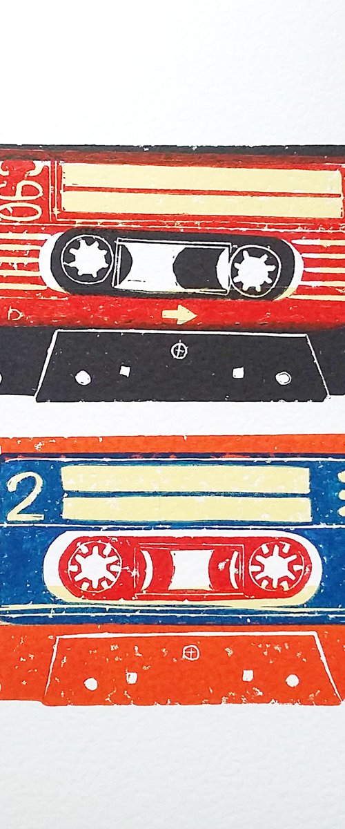 Linocut tapes duo #8 (cassette tapes, retro music, 70's, 80's rock culture) by Carolynne Coulson