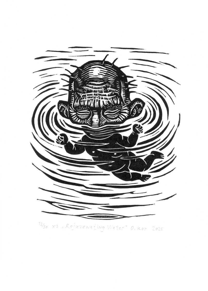 Illustrative Portrait Linocut By Oleksandr Korol, 8 X 12", Rejuvenating Water, Original Artwork