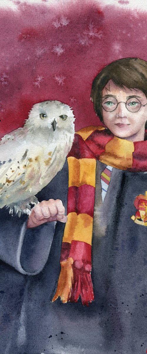 Harry Potter with the owl Hedwig. Hogwarts. Original watercolor artwork. by Evgeniya Mokeeva