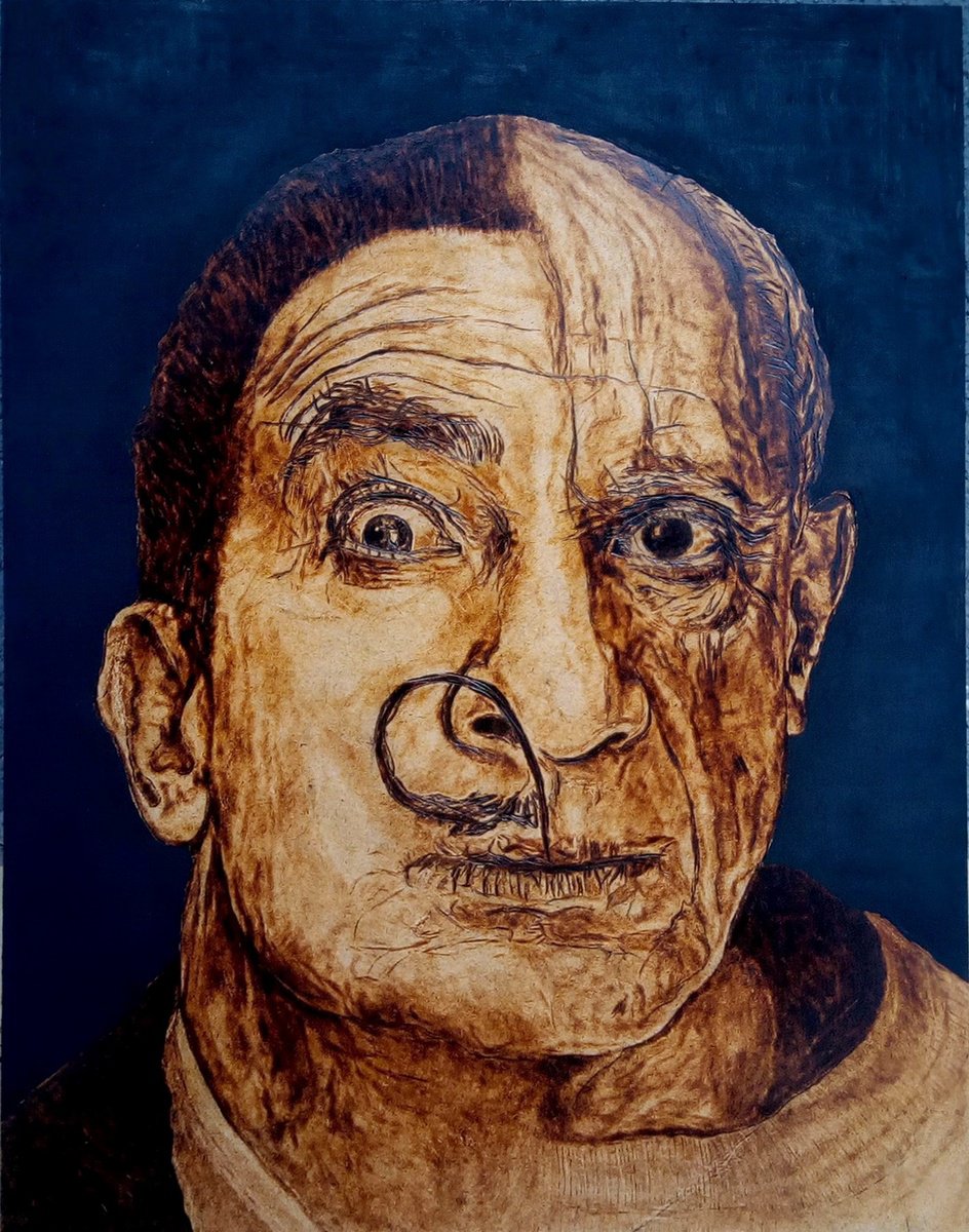 Abstract Portrait Painting By Milis Pyrography, 14 X 18", Duality (Dali / Picasso), Original Artwork