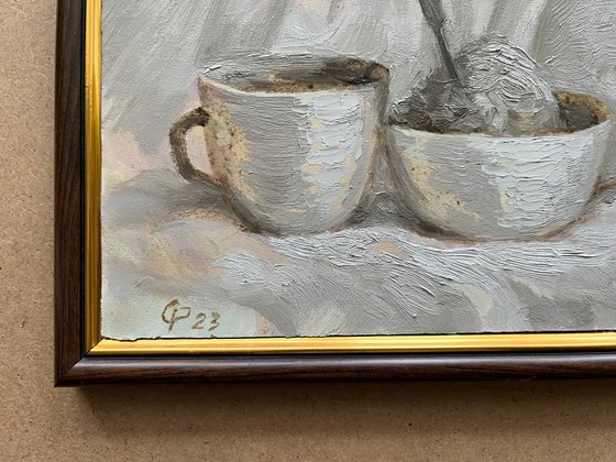 Ukrainian breakfast with a cup of coffee original oil painting