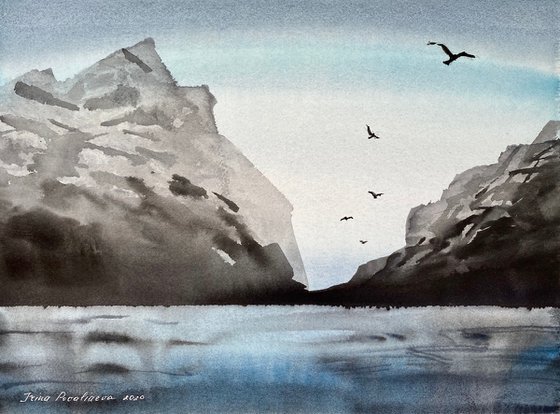 The North Sea original watercolor artwork, blue colors, cold water, medium size decor for  loft interior