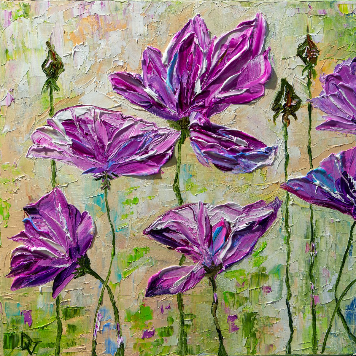 Impressionistic Botanical Oil Painting By Vladyslav Durniev, 12 X 12", Purple Flowers, Original Artwork