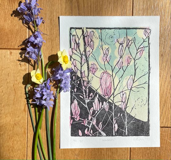 Salutations - Magnolia Blossom Contemporary Linocut Print