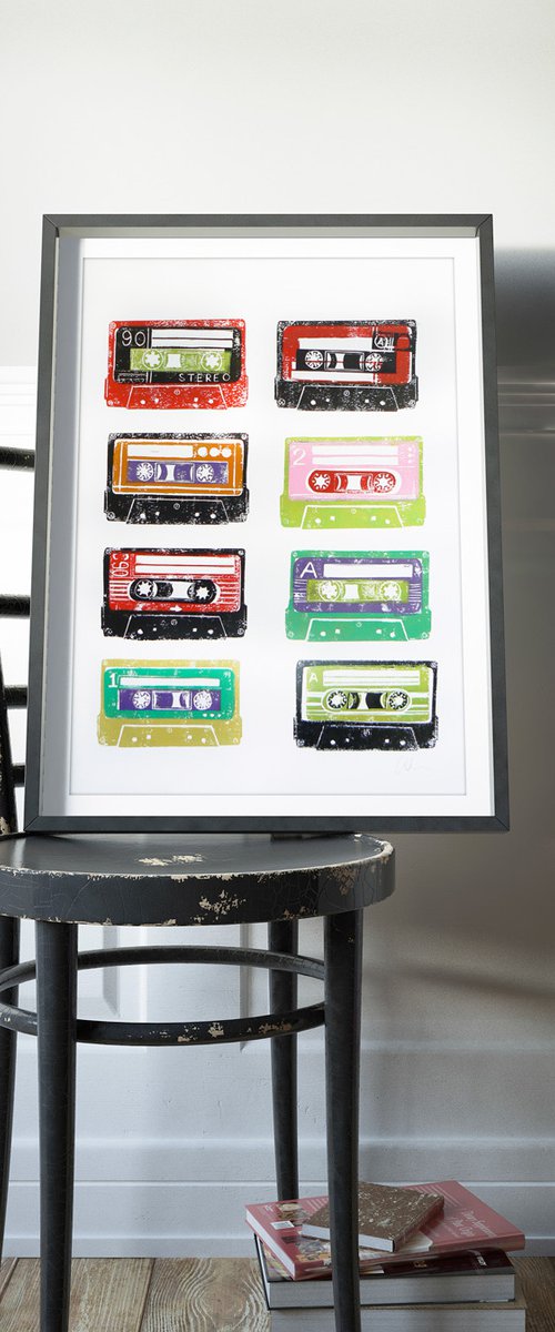 Linocut tapes #2 (cassette tapes, retro music, 70's, 80's rock culture) by Carolynne Coulson