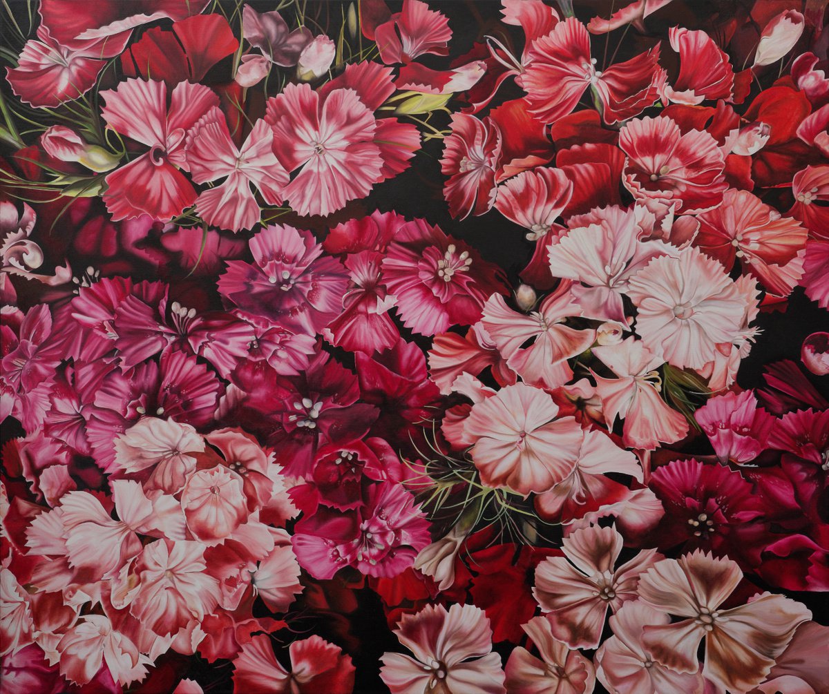 Illustrative Botanical Oil Painting By Natalie Toplass, 65 X 55", Sweet William, Original Artwork