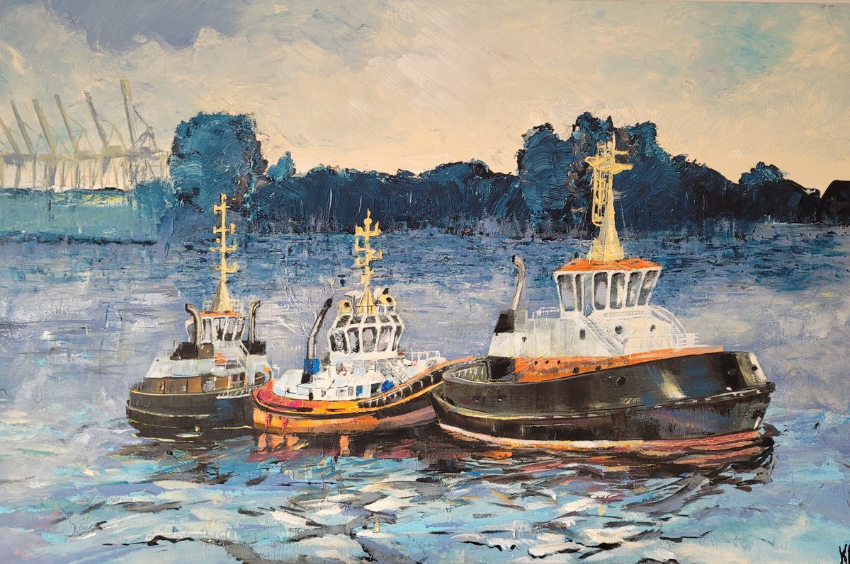 Impressionistic Transport Acrylic Painting By Kathrin Floge, 35 X 24", Trio Promenade, Original Artwork