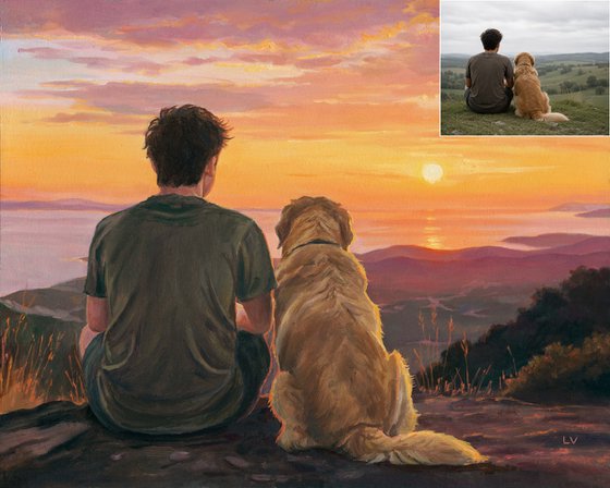 Personalized dog and owner oil portrait