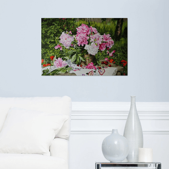 Peonies painting, Summer Scene