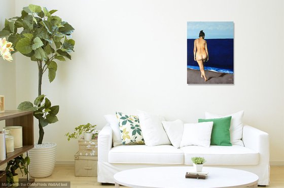 Sea of love - figurative painting of nude woman walking into the sea