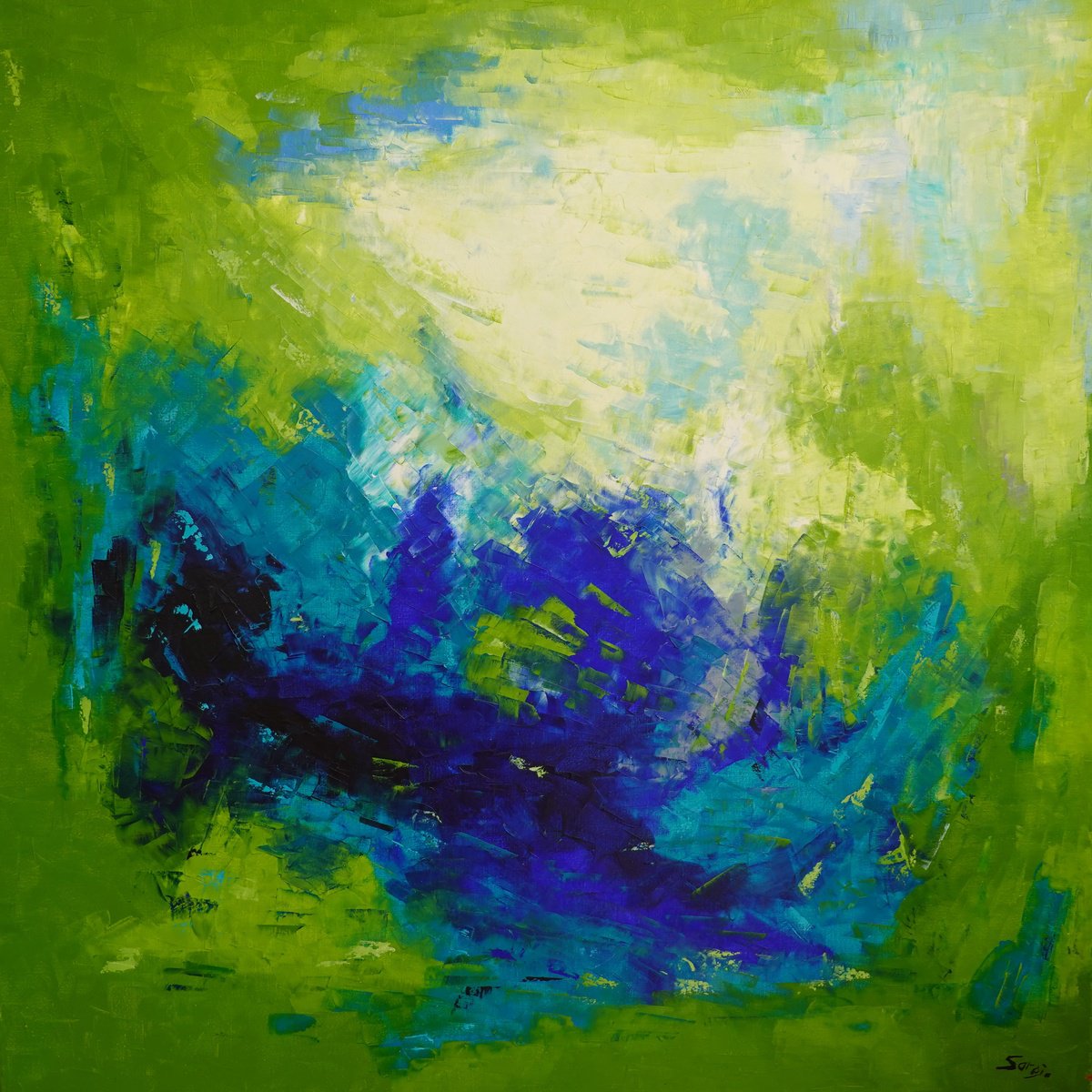 Abstract Landscape Oil Painting By Saroja Van Der Stegen, 41 X 41", Turmoil Green (Ref#:703-100Q), Original Artwork
