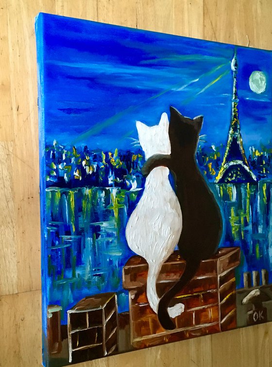 Cats in Paris. Travel to Paris, Parisian roofs , romantic night .