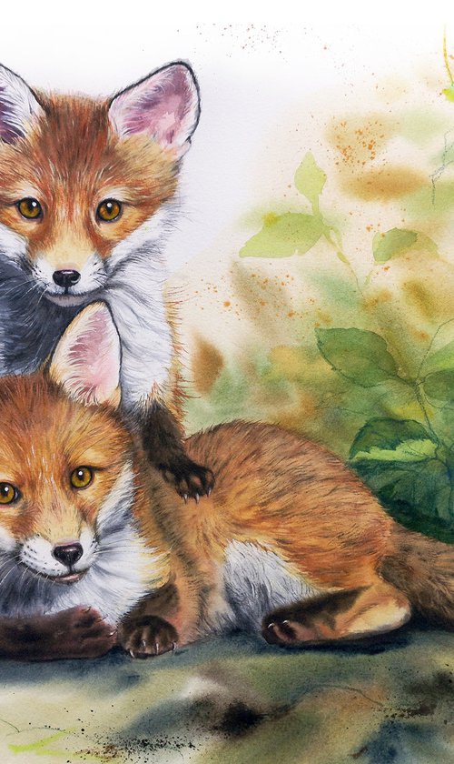 Commission Art - Two Fox Cubs by Olga Beliaeva Watercolour