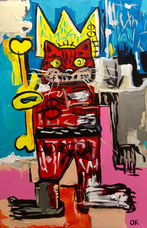 King Cat Troy  in a CROWN ( 81 x 51cm, 32 x 20 inches,) version of famous painting by Jean-Michel Basquiat