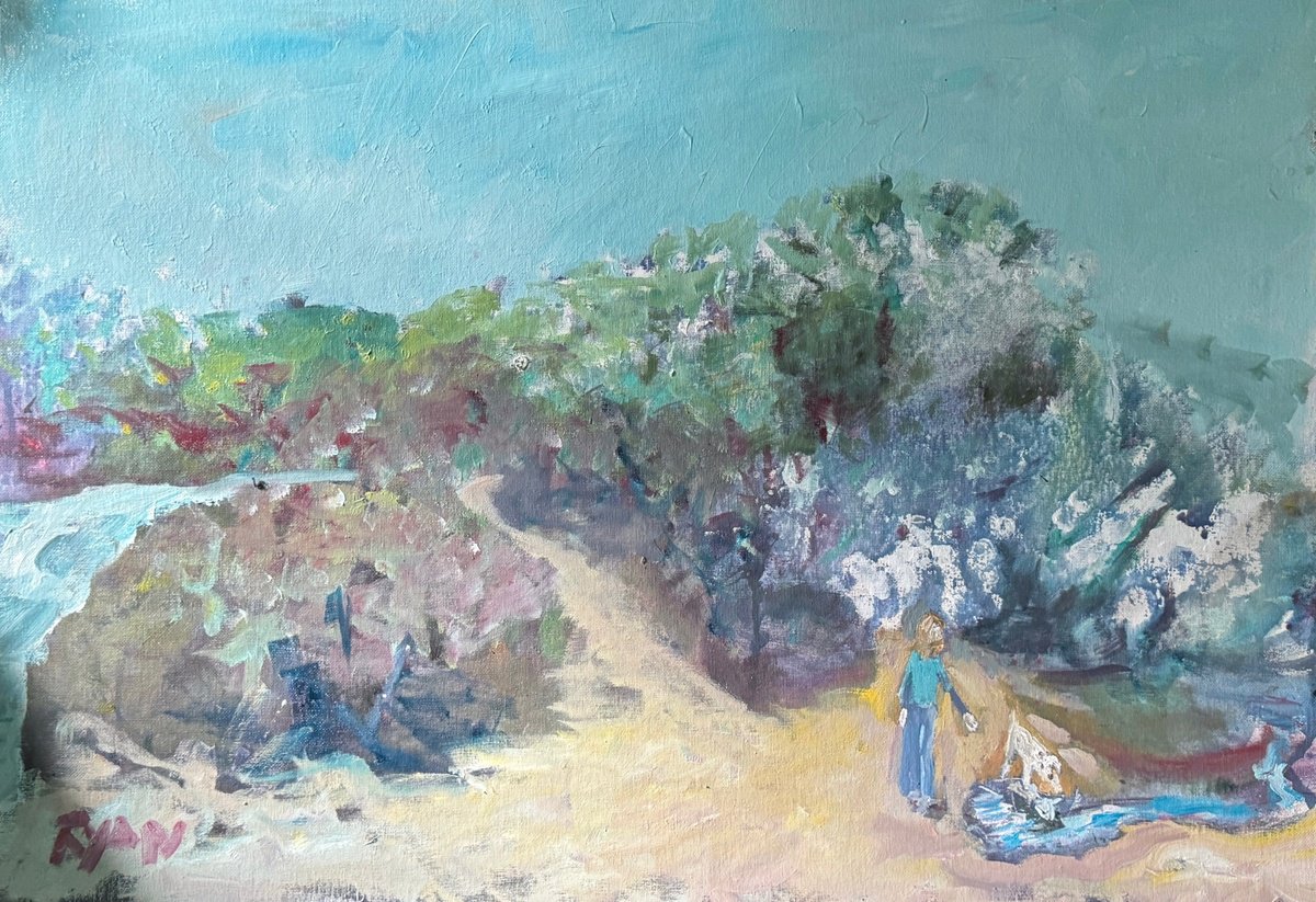 Impressionistic Landscape Acrylic Painting By Ryan Louder, 24 X 18", Dog By A Puddle, Original Artwork