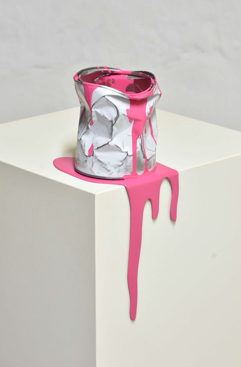 Urban And Pop Transport Sculpture By Yannick Bouillault, 5 X 13", Le Vieux Pot De Peinture Rose, Original Artwork