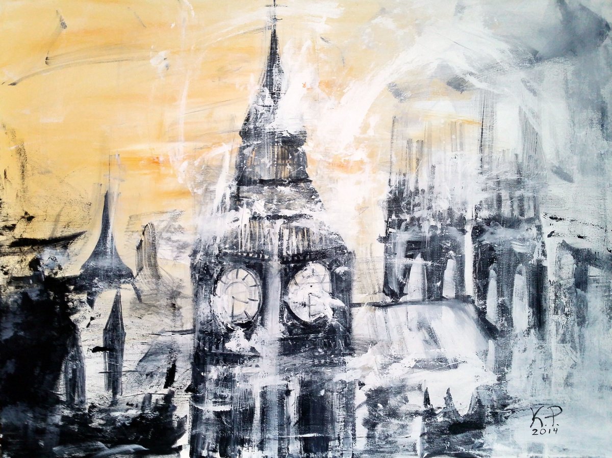 Abstract Cityscapes Acrylic Painting By Kasia Pawlak, 40 X 30", City Of Westminster, Original Artwork