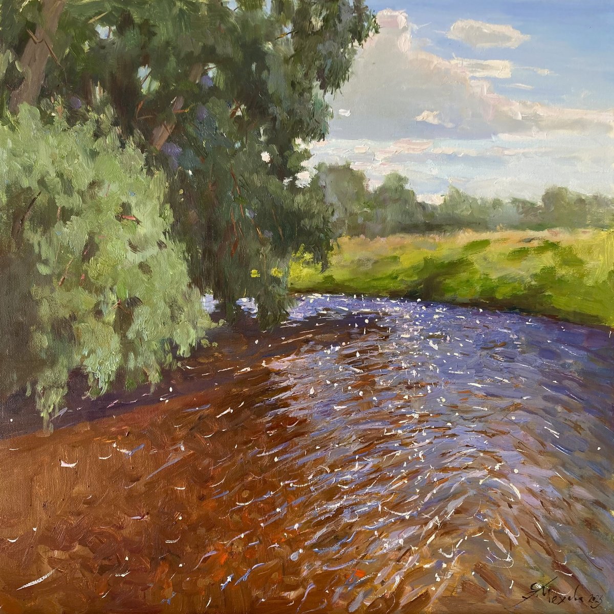 Summer River Oil Painting by Evgeniia Mekhova