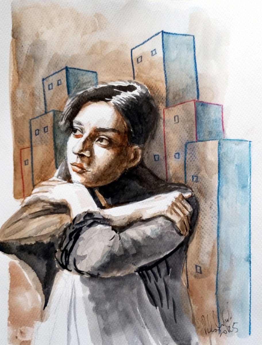 Illustrative Portrait Drawing By Paolo Beneforti, 7 X 9", Girl In The City, Original Artwork