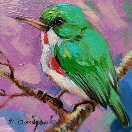 Green bird painting original in frame, Small birds painting, Birding art framed, For bird lovers, Miniatures