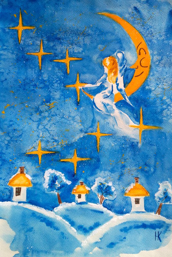 Angel Painting Christmas Original Art Wonderland Watercolor Stars Artwork Moon Home Wall Art 10 by 14" by Halyna Kirichenko