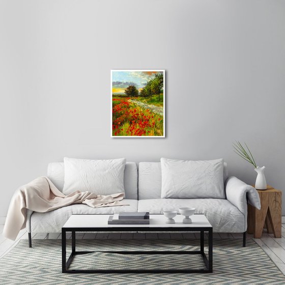 POPPY FIELDS (Modern Impressionistic Landscape Oil Painting, Gift for nature lovers)