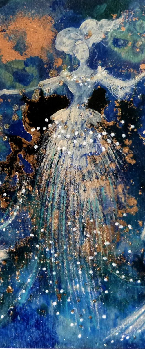 Celestial trio on wood 20 x 20cm by Loetitia Pillault