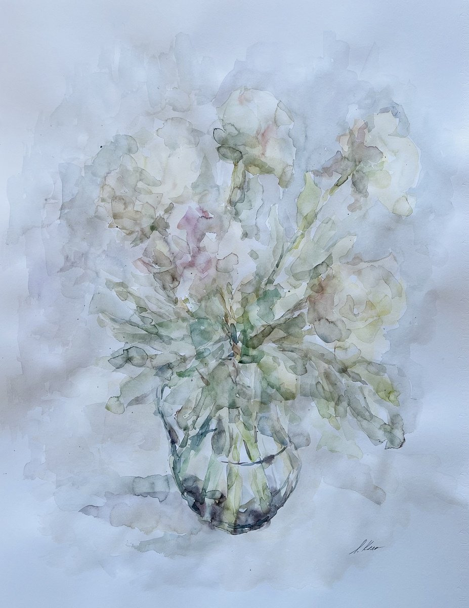 Impressionistic Botanical Watercolour By Elena Klyan, 20 X 26, Peonies 50X65 Cm 2025, Original Artwork