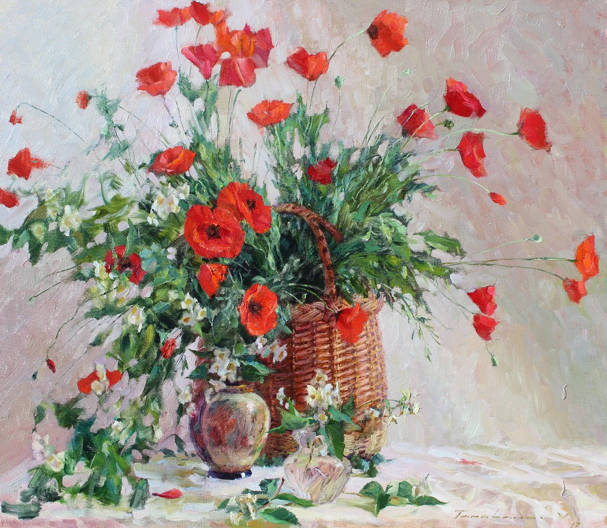 Impressionistic Botanical Oil Painting By Volodymyr Tarabanov, 31 X 28", Still Life With Poppies, Original Artwork