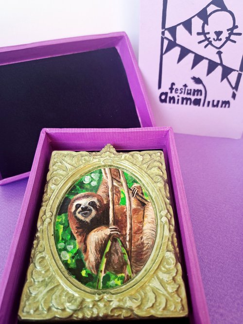 Three-toed sloth, part of framed animal miniature series "festum animalium" by Andromachi Giannopoulou