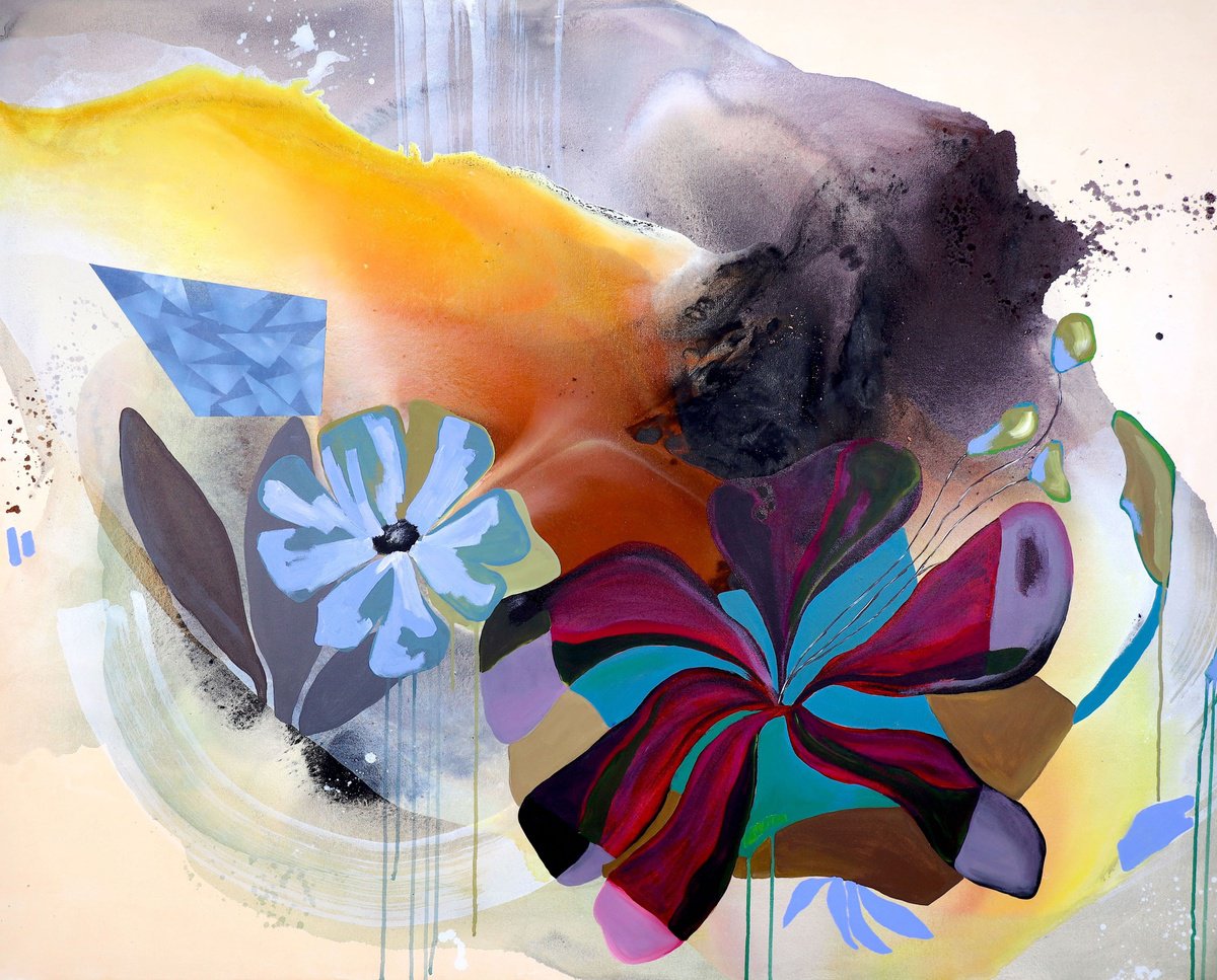 Abstract Botanical Acrylic Painting By Poovi Art, 60 X 48", Resisting The Present, Original Artwork