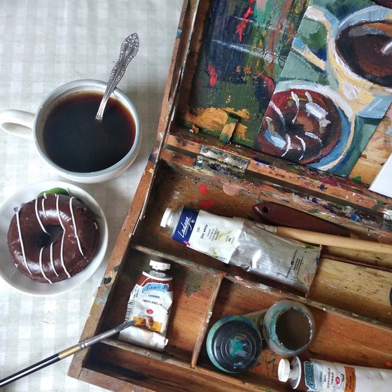 Coffee and Donut. Oil Painting.