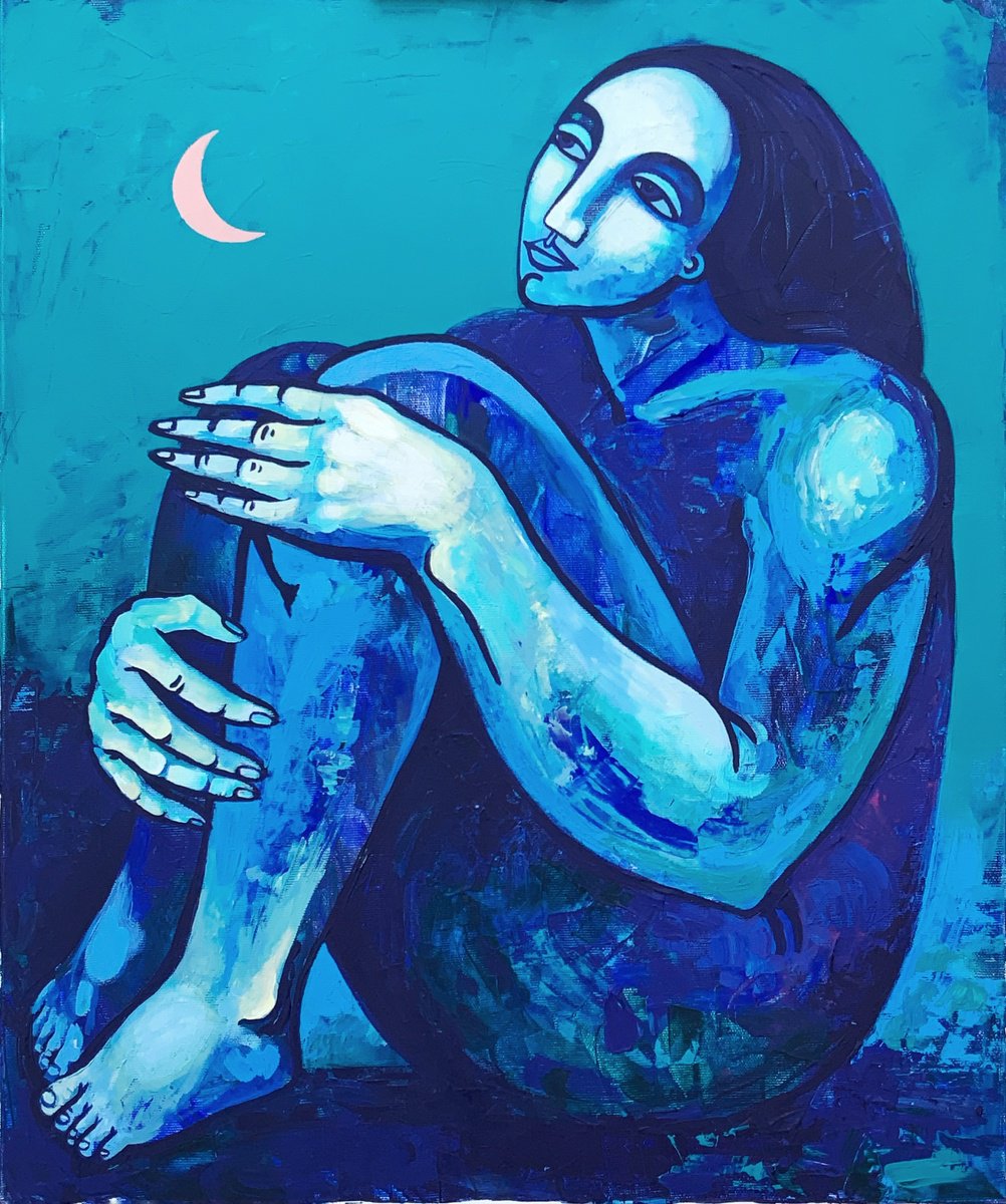 Naive Portrait Acrylic Painting By Elena Tomilova, 20 X 24, Pink Moon, Original Artwork