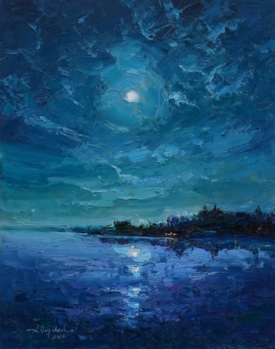 Impressionistic Landscape Oil Painting By Alisa Onipchenko-Cherniakovska, 16 X 20, Night In Blue, Original Artwork
