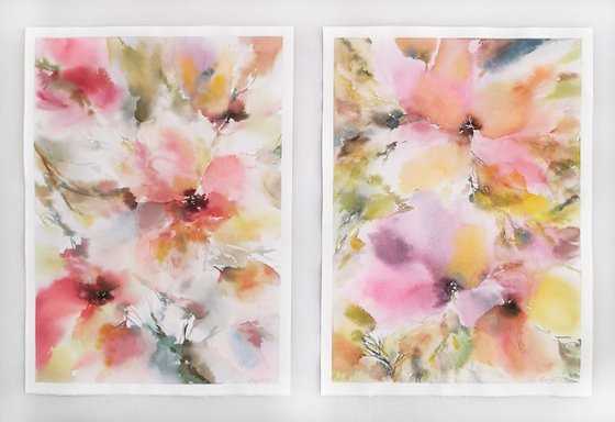 Flowers. Watercolor floral painting set of 2