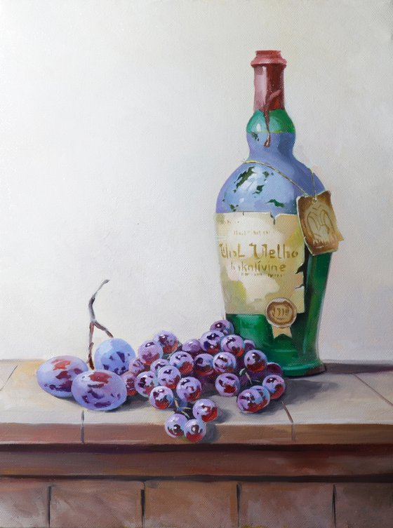 Still life fruits and bottle (40x30cm, oil painting, ready to hang)