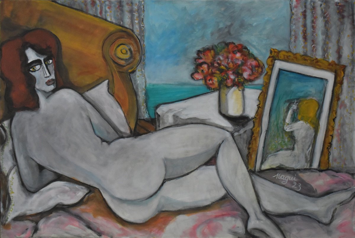 Expressive Portrait Acrylic Painting By Nagui, 36 X 24", The Look Of The Reclining Model, Original Artwork