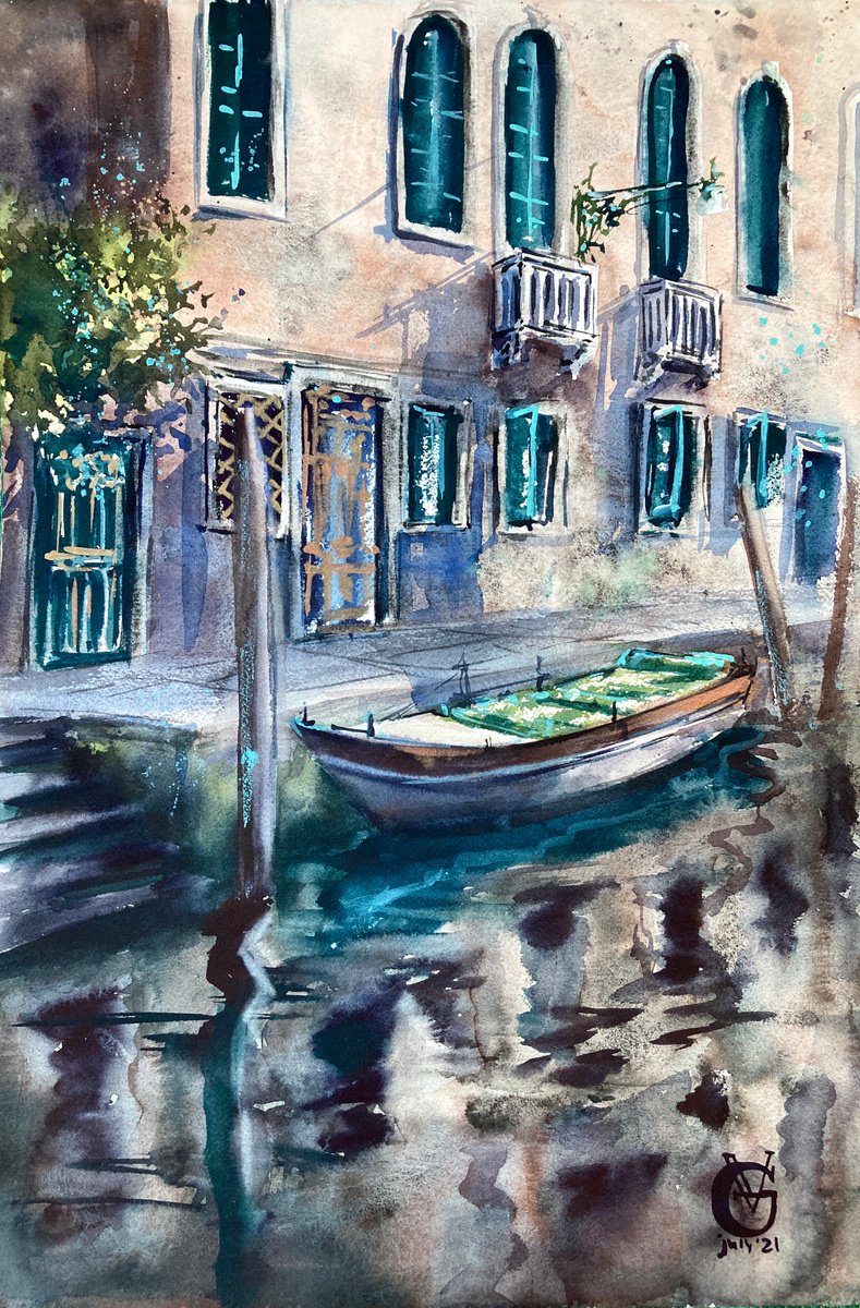 Impressionistic Landscape Watercolour By Valeria Golovenkina, 15 X 22", Evening Light In Venice, Original Artwork