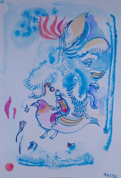 Happy flight, 15X21 cm ink drawing and painting by Aurelija Kairyte-Smolianskiene