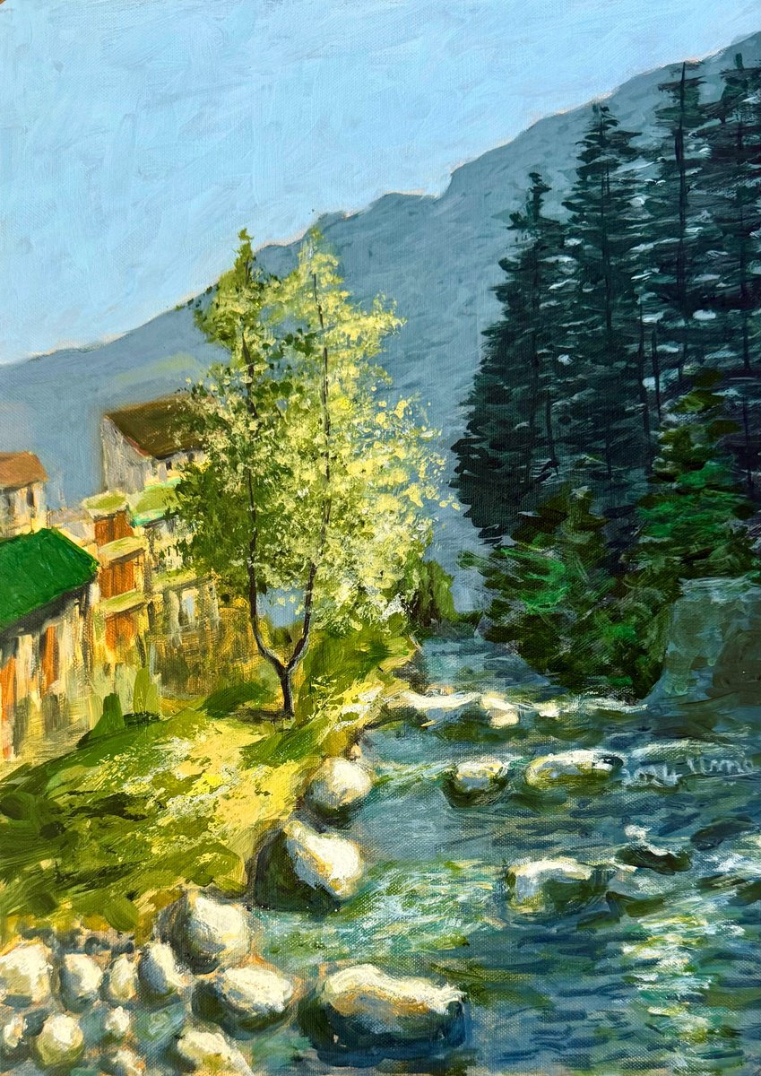 Impressionistic Landscape Acrylic Painting By Uma Krishnamoorthy, 10 X 14", Sunny Morning In Manali, Original Artwork