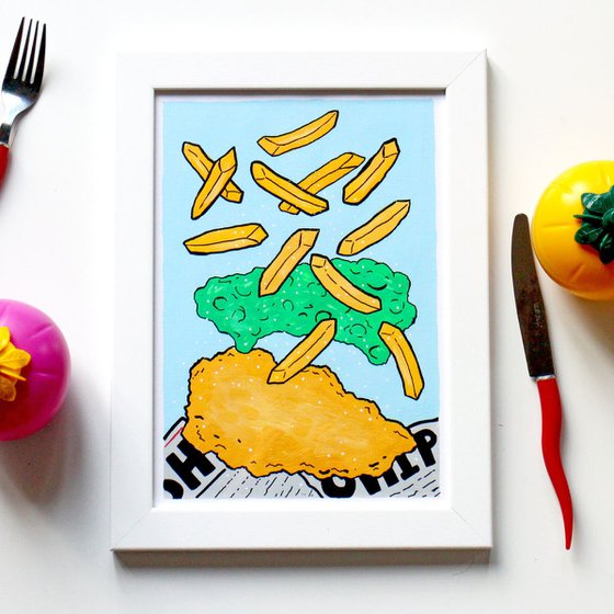 Fish And Chips Pop Art Painting On A4 Paper Unframed