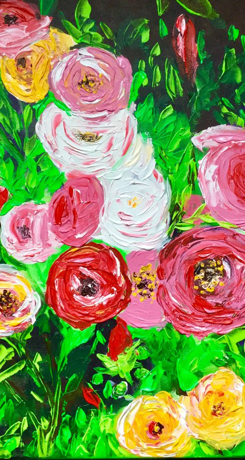 WHITE PINK YELLOW RED  ROSES IN A GARDEN palette knife modern still life  flowers office home decor gift by Olga Koval