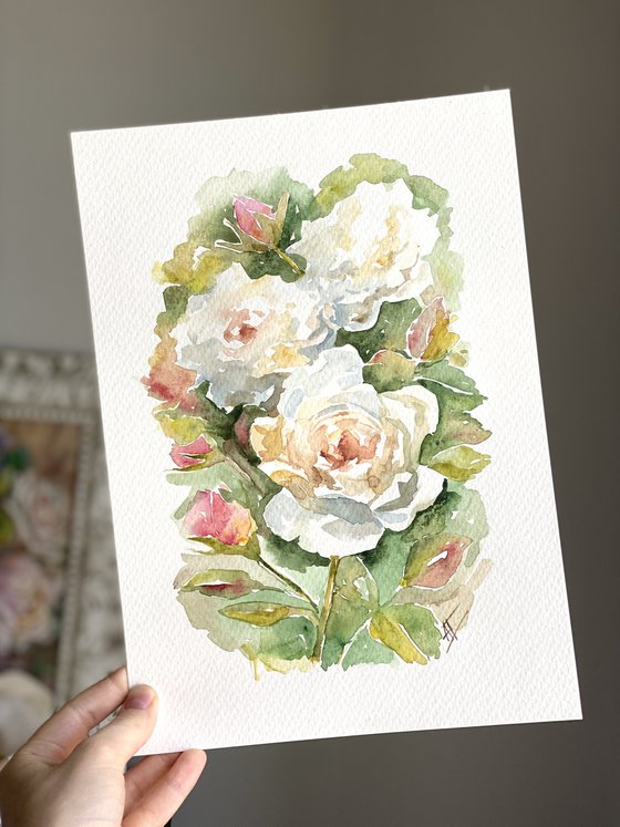 Watercolor roses illustration. White roses with pink on green leaves