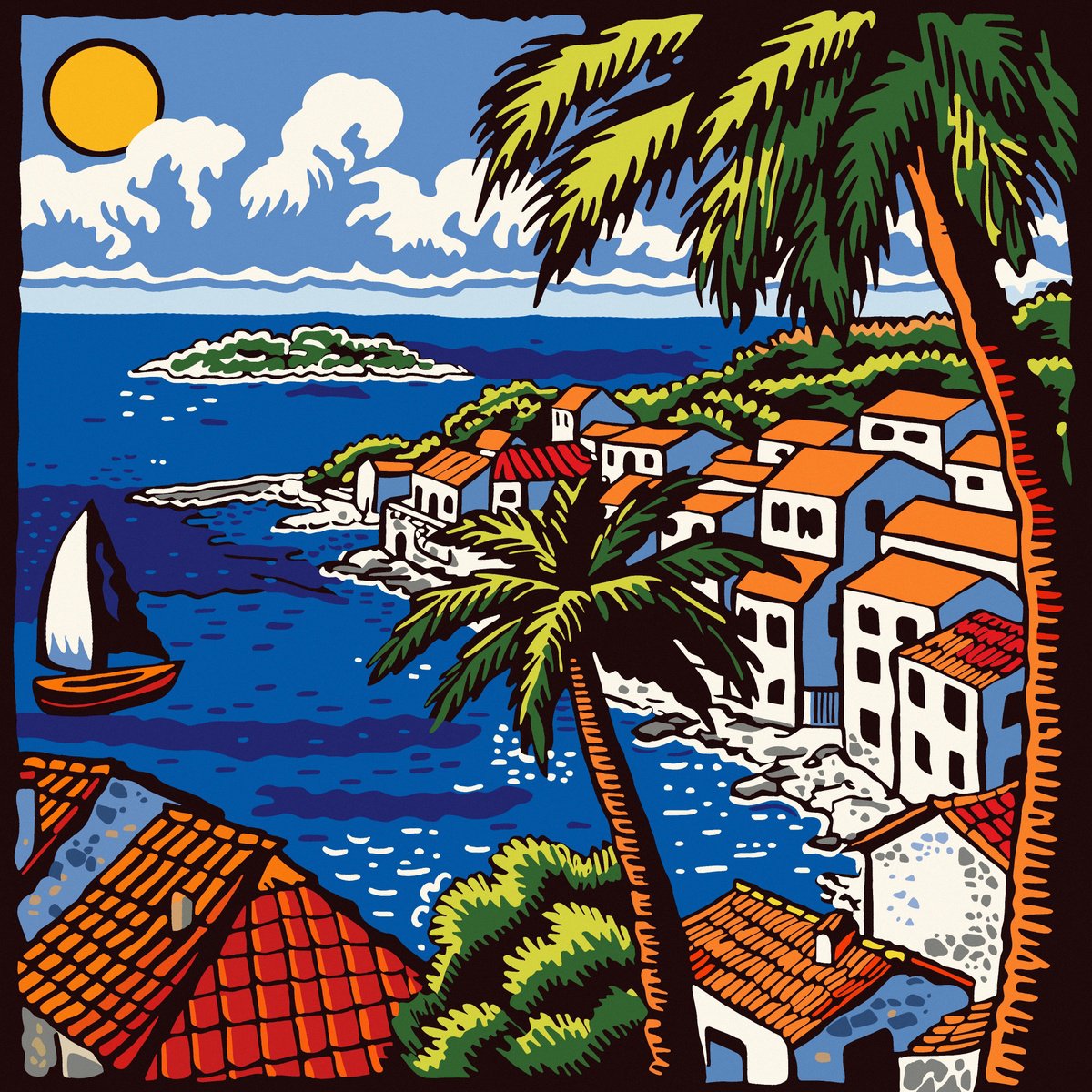 Illustrative Landscape Acrylic Painting By Kosta Morr, 24 X 24", Summer City, Original Artwork